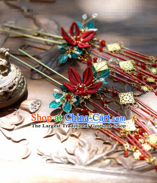 Traditional Chinese Handmade Court Red Flower Tassel Hairpins Hair Accessories Ancient Queen Hanfu Hair Clip for Women