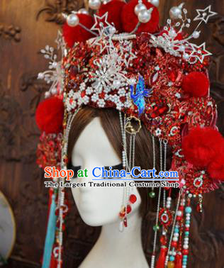 Traditional Chinese Wedding Red Phoenix Coronet Luxury Hair Accessories Ancient Bride Hairpins Complete Set for Women