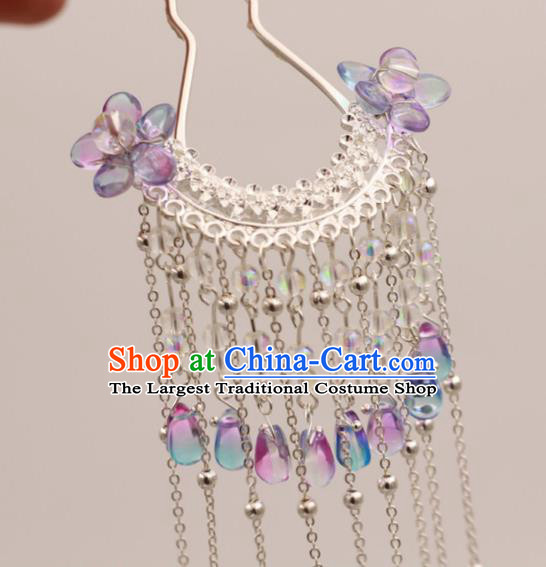 Traditional Chinese Ancient Hanfu Purple Flower Tassel Hair Clip Court Queen Hairpins Handmade Hair Accessories for Women