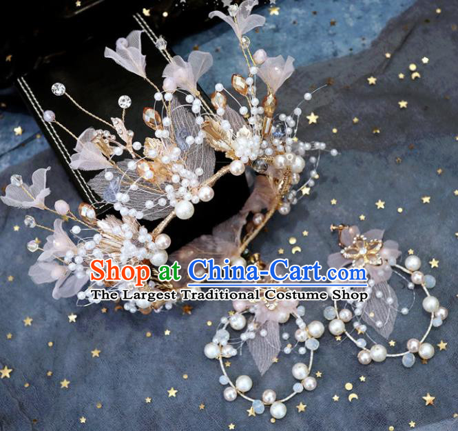 Handmade Baroque Princess Pink Silk Flowers Royal Crown Children Hair Clasp Hair Accessories for Kids