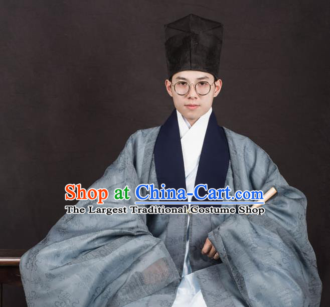 Traditional Chinese Ming Dynasty Swordsman Replica Costumes Ancient Taoist Priest Grey Hanfu Cloak for Men