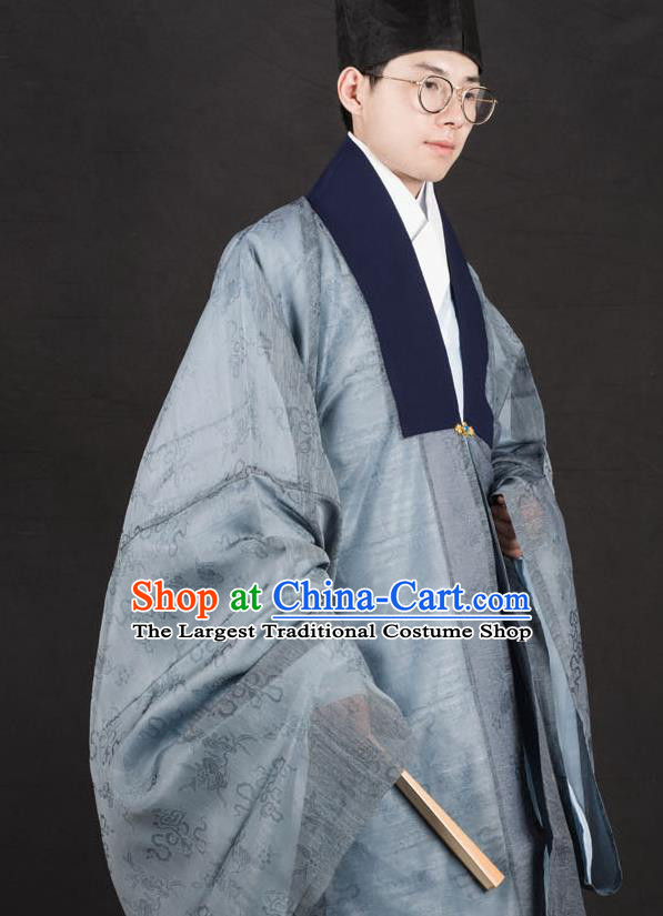 Traditional Chinese Ming Dynasty Swordsman Replica Costumes Ancient Taoist Priest Grey Hanfu Cloak for Men