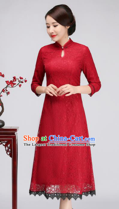 Chinese Traditional Classical Red Lace Cheongsam National Tang Suit Qipao Dress for Women