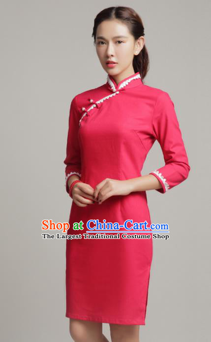 Chinese Traditional Classical Rosy Short Cheongsam National Tang Suit Qipao Dress for Women