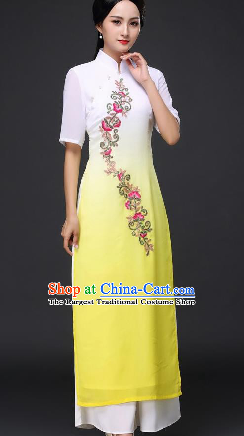 Traditional Chinese Classical Dance Yellow Cheongsam National Costume Tang Suit Qipao Dress for Women