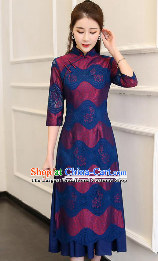 Traditional Chinese Classical Dance Deep Blue Cheongsam National Costume Tang Suit Qipao Dress for Women