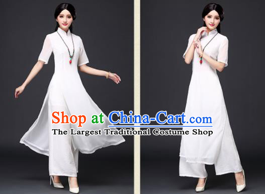Traditional Chinese Classical White Veil Cheongsam National Costume Tang Suit Qipao Dress for Women