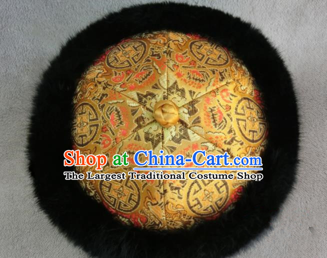 Chinese Ancient Drama Emperor Winter Hat Traditional Qing Dynasty Royal Highness Headwear for Men