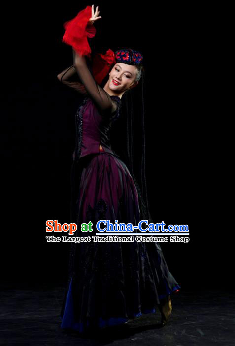 Traditional Chinese Uyghur Nationality Dance Black Dress Uigurian Ethnic Dance Stage Show Costume for Women