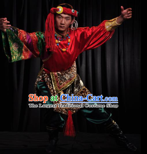 Chinese Traditional Zang Nationality Dance Red Costume Tibetan Ethnic Folk Dance Stage Show Clothing for Men