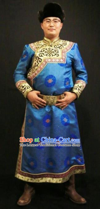 Chinese Traditional Mongol Nationality Costumes Mongolian Ethnic Light Blue Robe for Men