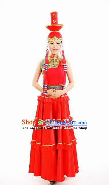 Traditional Chinese Mongol Nationality Wedding Red Dress Mongolian Ethnic Dance Costume and Hat for Women