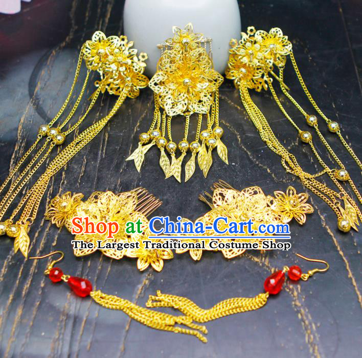 Chinese Traditional Wedding Golden Tassel Hairpins Ancient Bride Hair Accessories Complete Set for Women