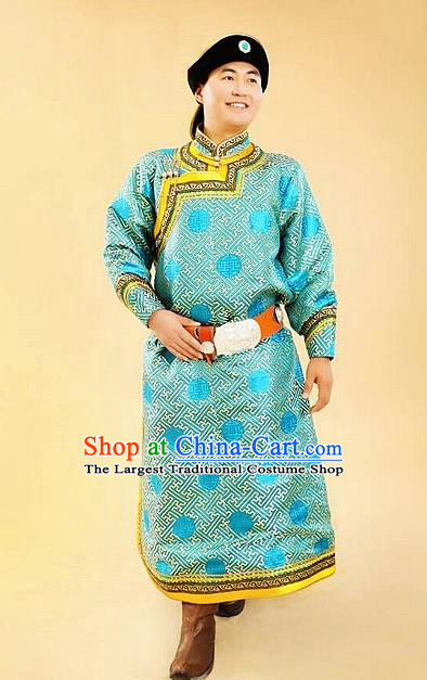 Chinese Traditional Mongol Nationality Costumes Mongolian Ethnic Blue Robe for Men