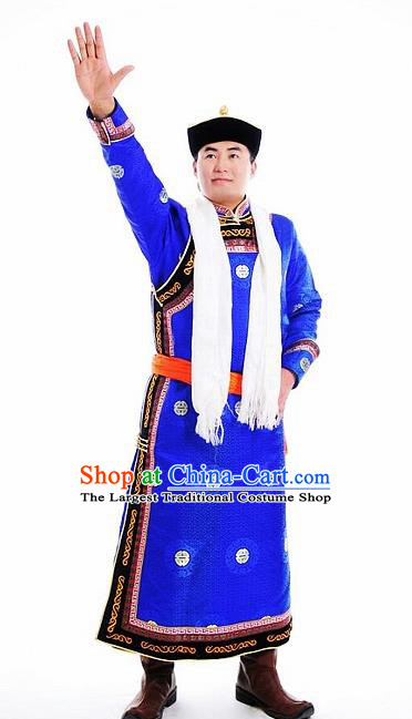 Chinese Traditional Mongol Nationality Costumes Mongolian Ethnic Prince Blue Robe for Men
