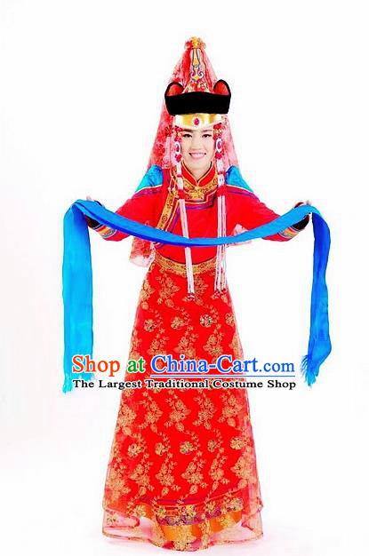 Traditional Chinese Mongol Nationality Wedding Red Dress and Hat Mongolian Ethnic Dance Costume for Women