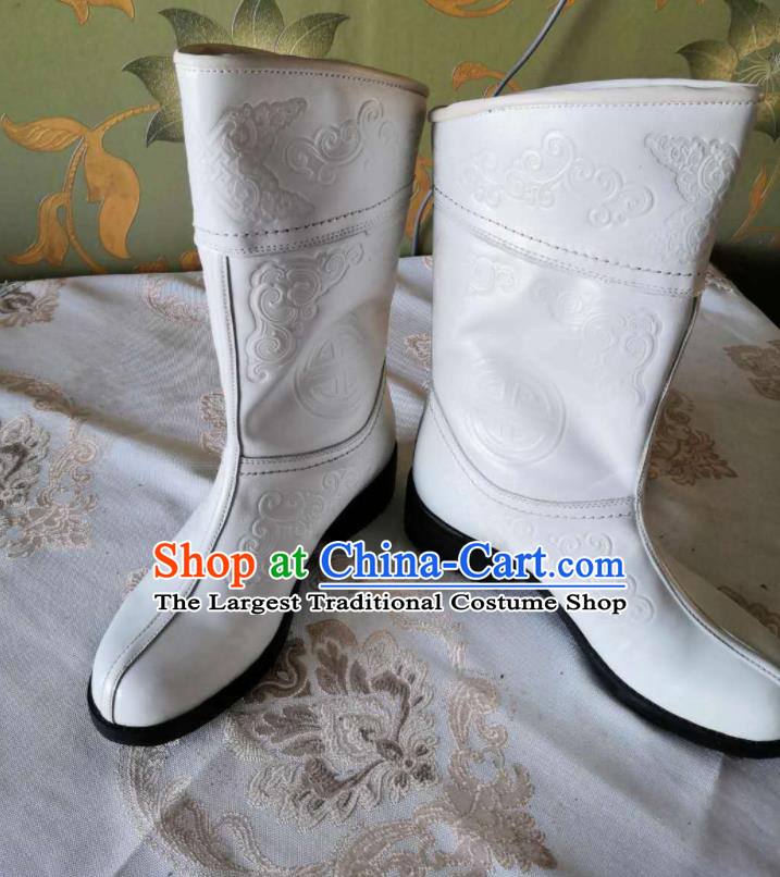 Chinese Traditional Mongol Nationality White Boots Mongolian Ethnic Stage Show Leather Riding Boots for Men