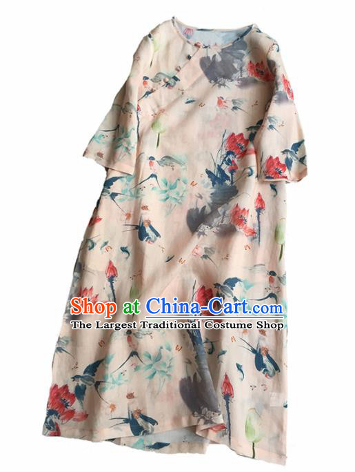 Chinese Traditional Tang Suit Ink Painting Lotus Ramie Cheongsam National Costume Qipao Dress for Women
