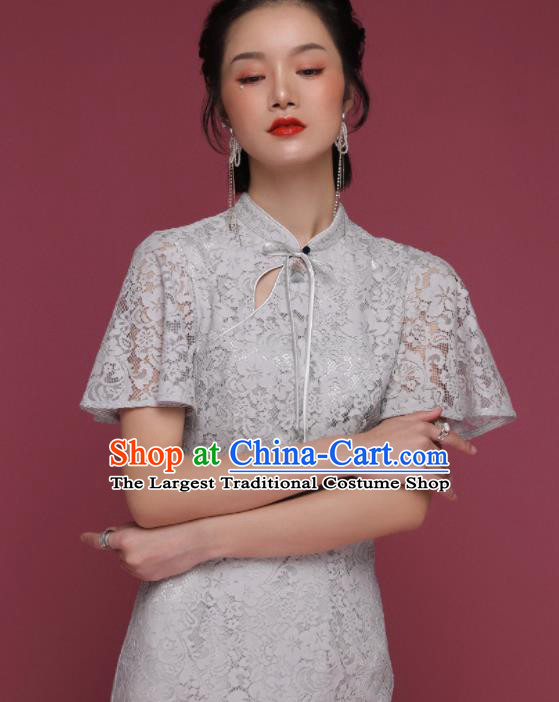 Chinese Traditional Tang Suit Grey Lace Cheongsam National Costume Qipao Dress for Women