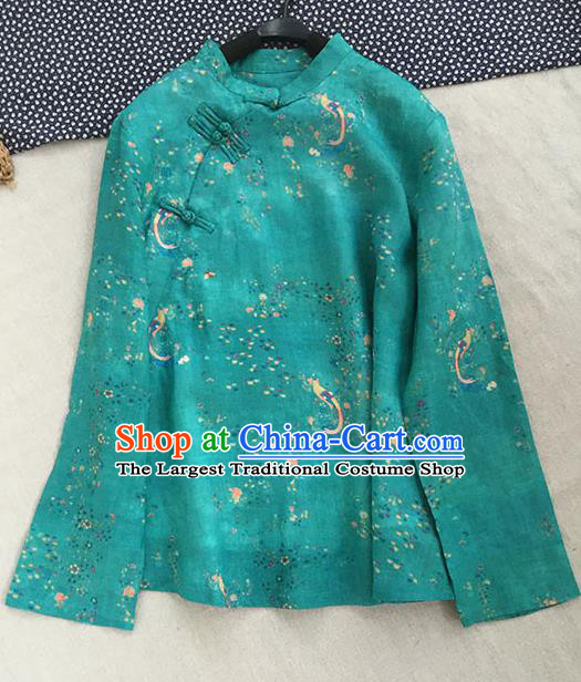 Chinese Traditional Tang Suit Green Ramie Blouse National Upper Outer Garment Costume for Women