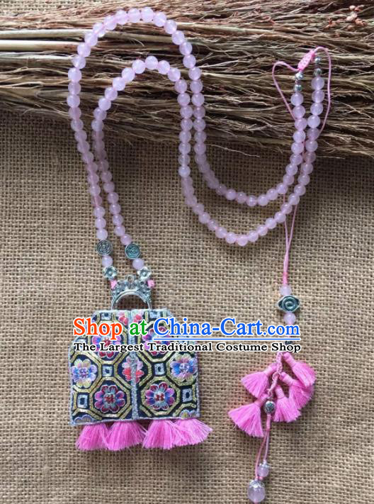 Chinese Traditional Ethnic Pink Embroidered Necklace Accessories Nationality Tassel Necklet for Women