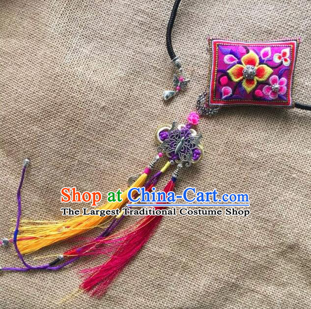 Chinese Traditional Ethnic Purple Embroidered Necklet Accessories Nationality Tassel Necklace for Women