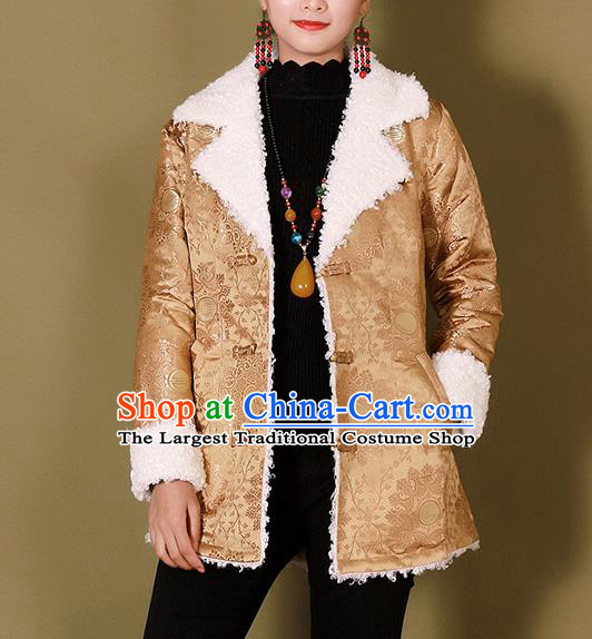 Traditional Chinese Zang Ethnic Golden Cotton Wadded Jacket Tibetan Minority Costume for Women