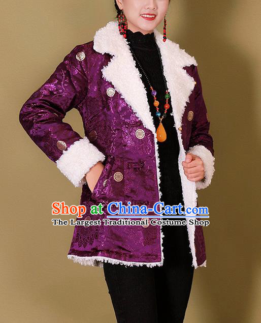 Traditional Chinese Zang Ethnic Purple Cotton Wadded Jacket Tibetan Minority Costume for Women