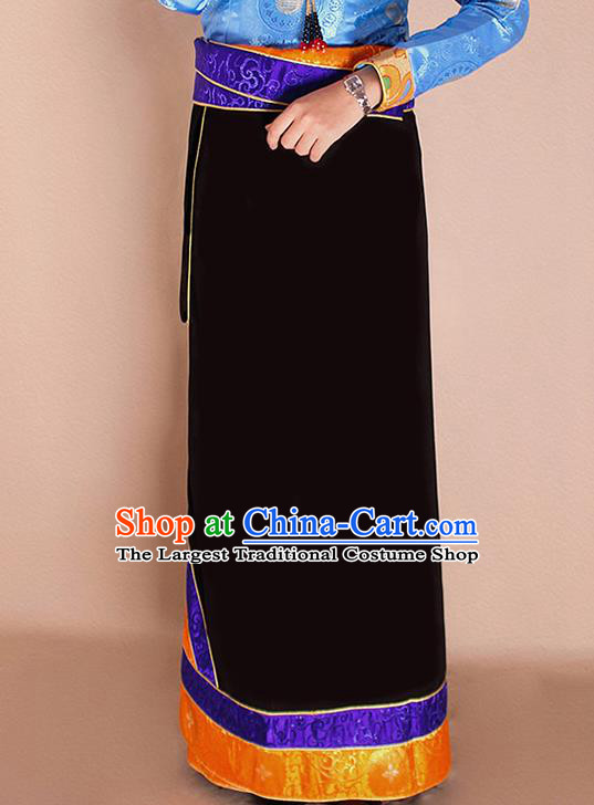 Traditional Chinese Zang Ethnic Black Bhutan Skirt Tibetan Minority Folk Dance Costume for Women