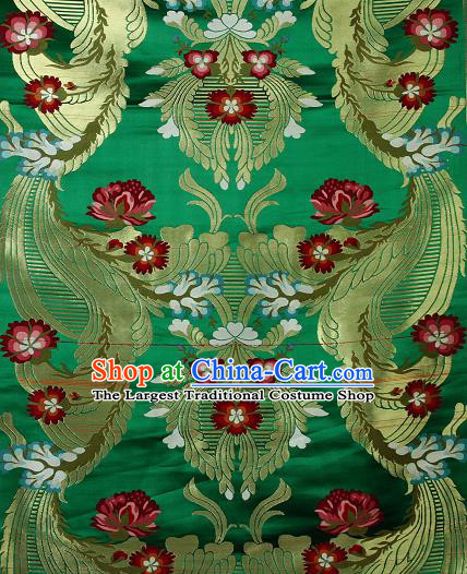 Asian Chinese Traditional Phoenix Galsang Flowers Pattern Green Brocade Tibetan Robe Satin Fabric Silk Material