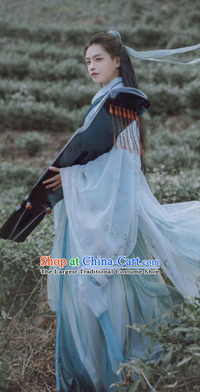 Traditional Chinese Jin Dynasty Nobility Childe Blue Hanfu Clothing Ancient Swordsman Prince Replica Costumes for Men