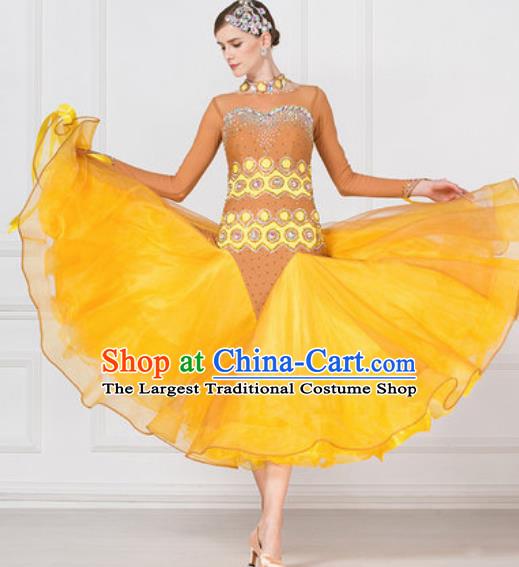 Professional Modern Dance Waltz Yellow Veil Dress International Ballroom Dance Competition Costume for Women
