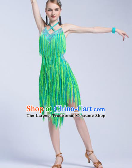 Top Latin Dance Competition Tassel Green Dress Modern Dance International Rumba Dance Costume for Women