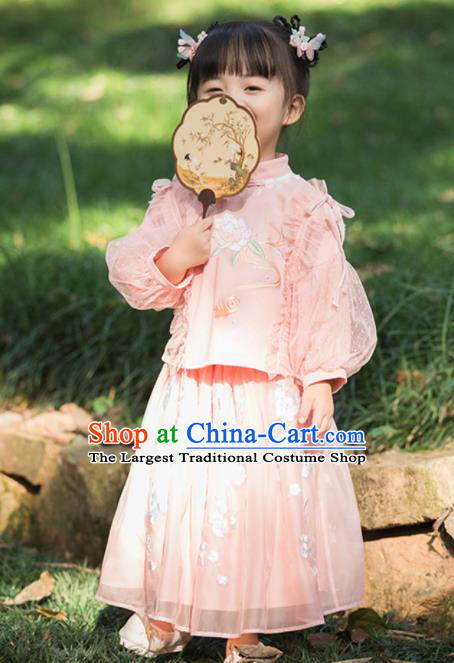 Chinese National Girls Pink Cheongsam Costume Traditional New Year Tang Suit Qipao Dress for Kids