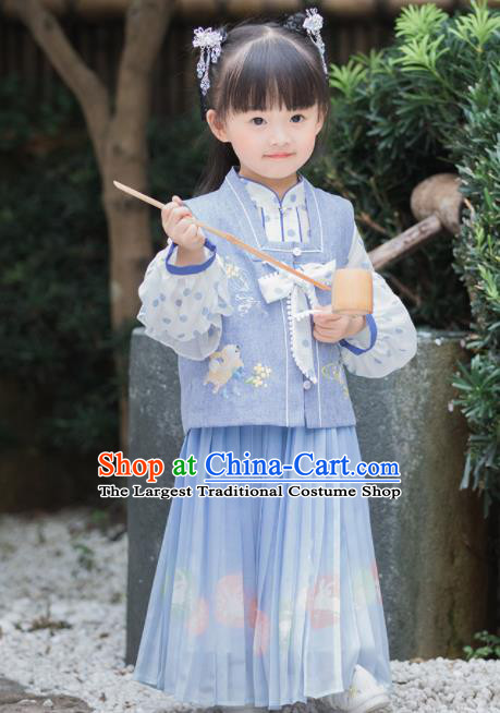 Chinese National Girls Blue Cheongsam Costume Traditional New Year Tang Suit Qipao Dress for Kids