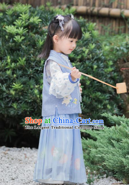 Chinese National Girls Blue Cheongsam Costume Traditional New Year Tang Suit Qipao Dress for Kids