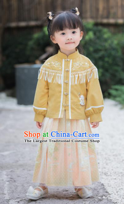 Chinese National Girls Yellow Cheongsam Costume Traditional New Year Tang Suit Qipao Dress for Kids