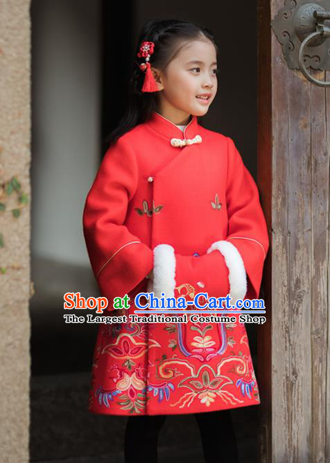 Chinese National Girls Red Coat Costume Traditional New Year Tang Suit Outer Garment for Kids