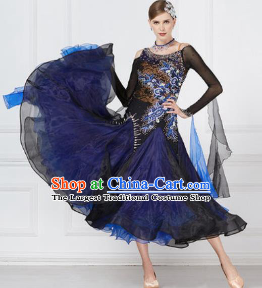Top Grade Modern Dance Deep Blue Dress Ballroom Dance International Waltz Competition Costume for Women