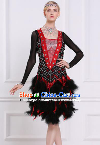 Professional Latin Dance Competition Black Feather Dress Modern Dance International Rumba Dance Costume for Women