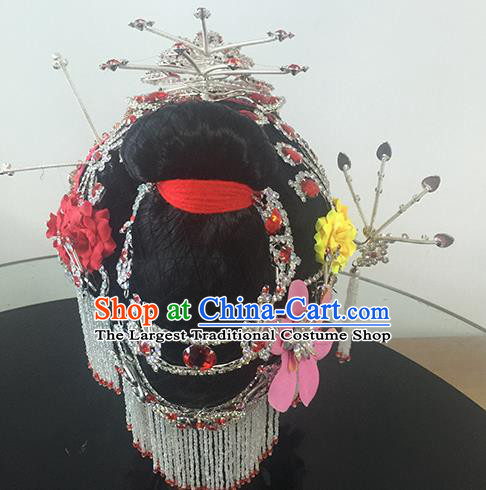 Chinese Beijing Opera Princess Rosy Headgear Traditional Peking Opera Diva Wig and Hair Accessories for Women
