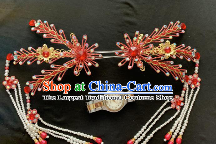 Chinese Beijing Opera Red Phoenix Hairpins Headgear Traditional Peking Opera Queen Hair Accessories for Women