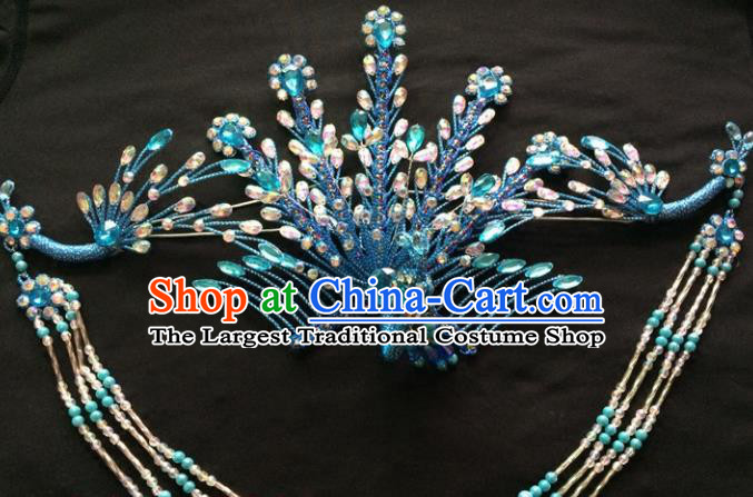 Chinese Beijing Opera Diva Blue Phoenix Hair Crown Traditional Peking Opera Queen Hairpins Hair Accessories for Women