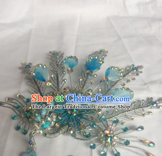 Chinese Beijing Opera Diva Blue Phoenix Hair Clip Hairpins Traditional Peking Opera Hair Accessories for Women