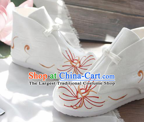 Traditional Chinese Embroidered Manjusaka White Boots Handmade Cloth Shoes National Cloth Shoes for Women