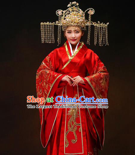 Chinese Ancient Royal Princess Wedding Red Hanfu Dress Traditional Han Dynasty Court Bride Costumes and Headpiece for Women