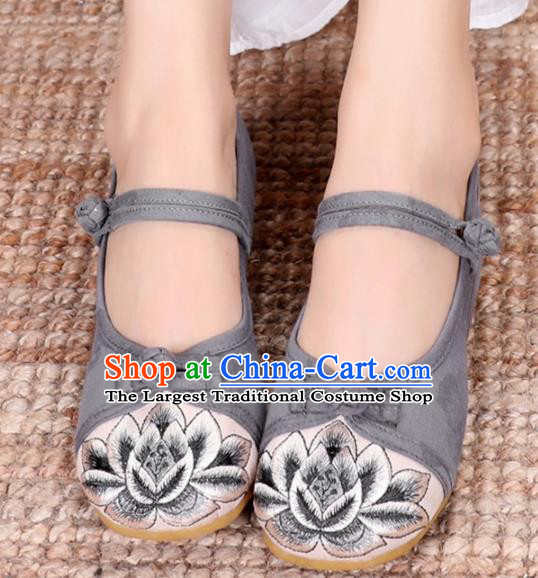 Traditional Chinese Handmade Embroidered Lotus Grey Shoes National Cloth Shoes for Women