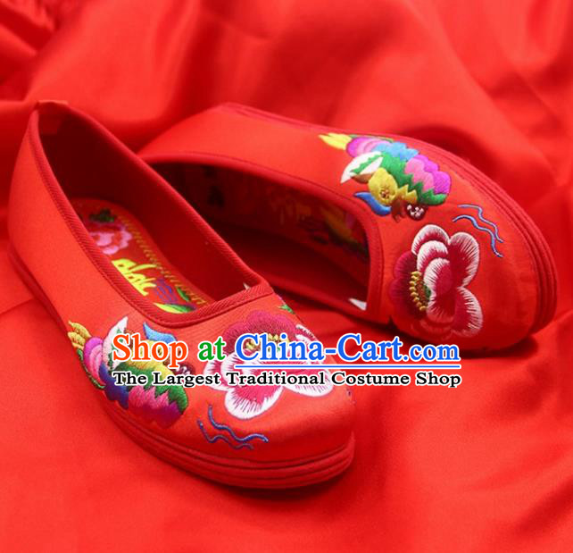 Traditional Chinese Handmade Embroidered Mandarin Duck Red Shoes Hanfu Wedding Shoes National Cloth Shoes for Women