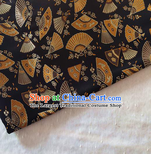 Asian Japan Traditional Folding Fan Pattern Design Black Brocade Damask Fabric Kimono Satin Material