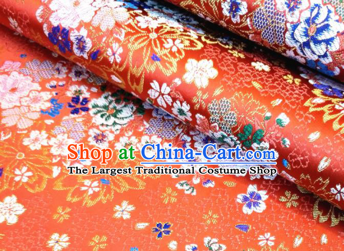 Asian Japan Traditional Sakura Pattern Design Red Brocade Damask Fabric Japanese Kimono Satin Material